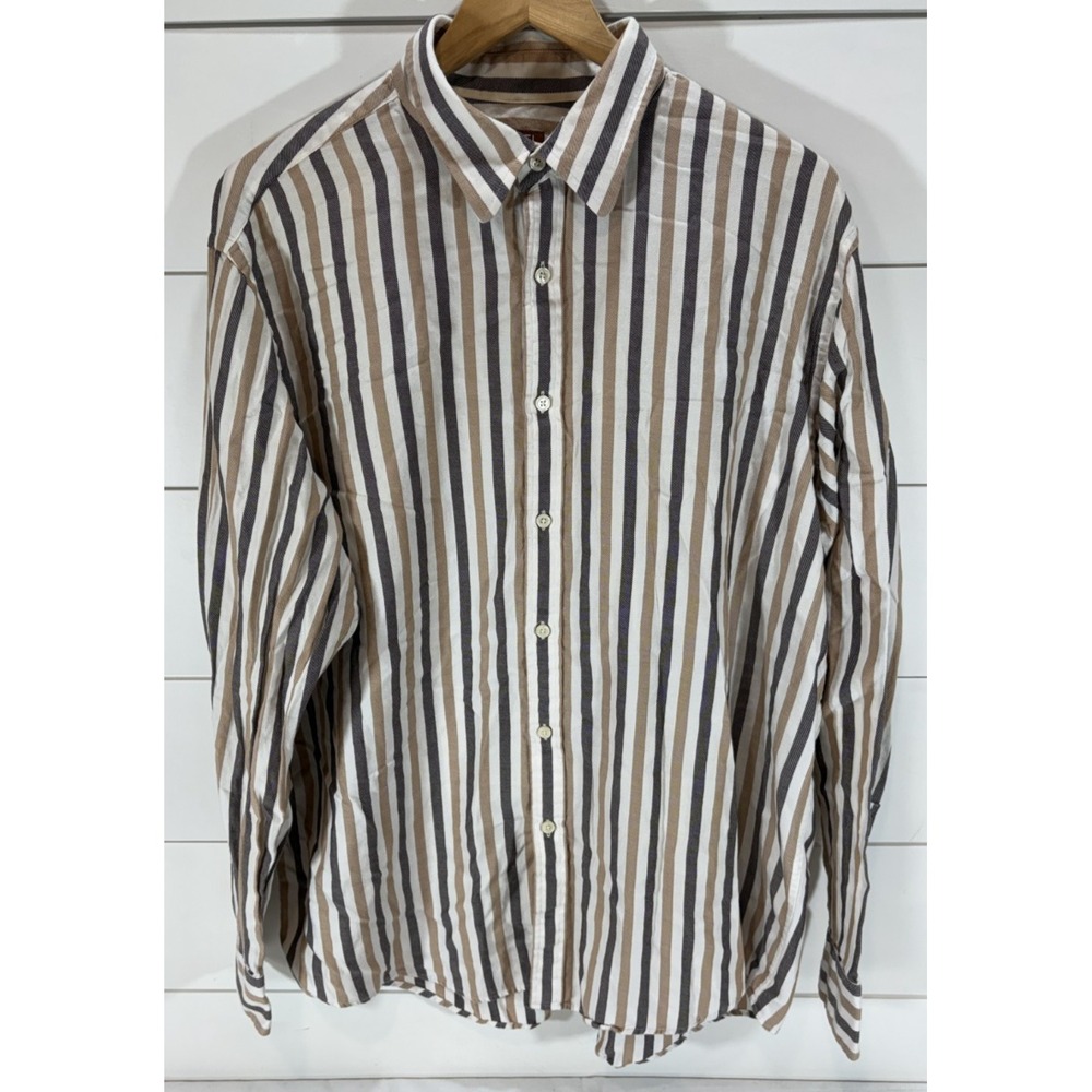 Michael Kors Brown White Black Striped Shirt Long Sleeve Button Down Men's Sz XL